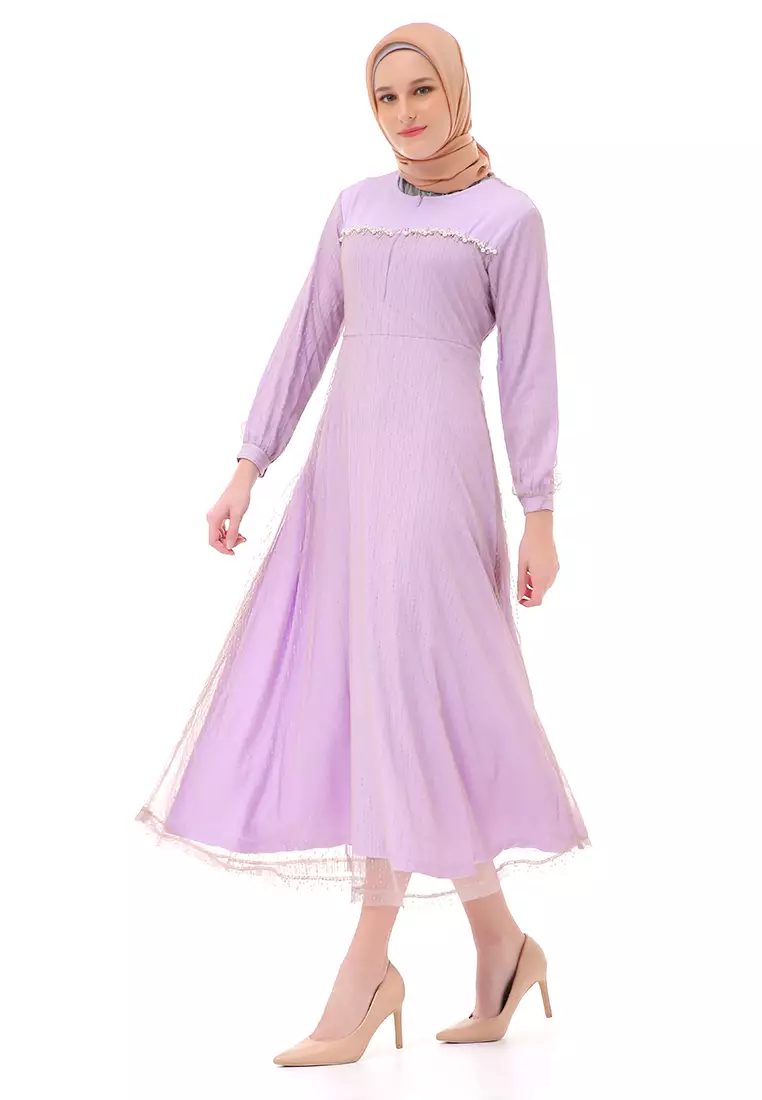 Nadya Dress Muslimah Women Waist Strap High Quality Premium - Lilac