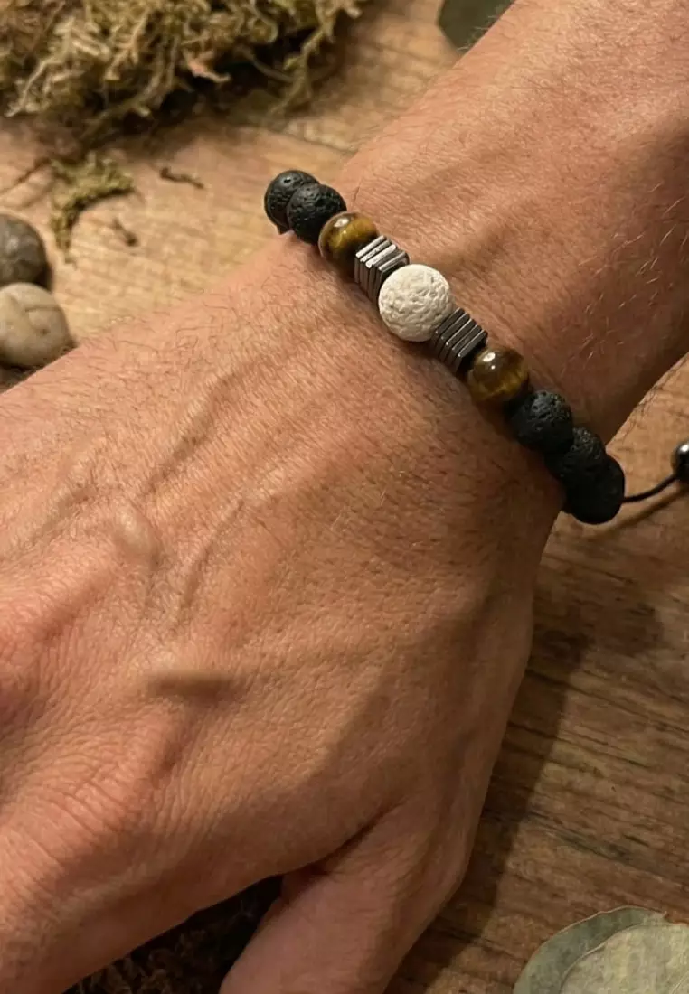 Aksesoris Gelang Pria Lava White Cube Lava Center & Tiger Eye Bracelet Black & Brown