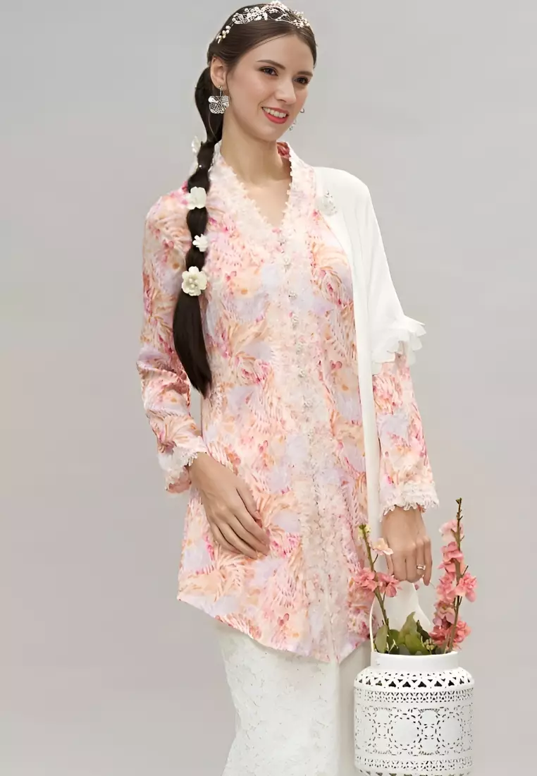 Pink Floral Lace Trimming Kebaya Top