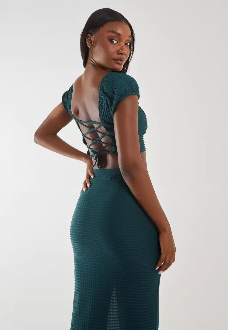 Pink Vanilla Teal Textured Jersey Puff Sleeve Top