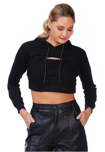 London Rag black All Relaxed Front Slit Cropped Hoodie in Black 6FB93AA64BC70FGS_1