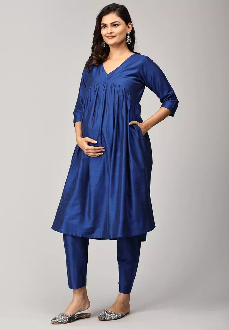 Diva 蓝色孕妇和哺乳丝绸库尔塔套装