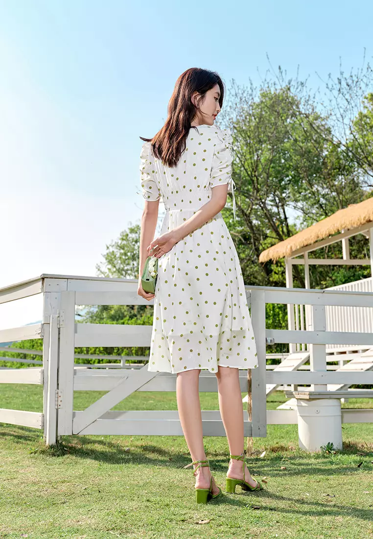Buy Hopeshow Puff Sleeve V-Neck Shirred Polka Dot Midi Dress 2025