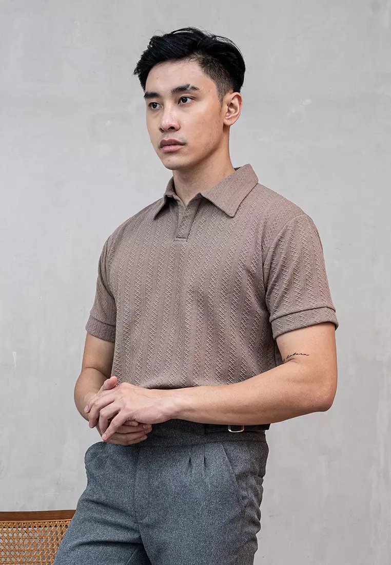 Houseofcuff Polo Shirt Rajut Stretch Lengan Pendek Pria Coklat Susu