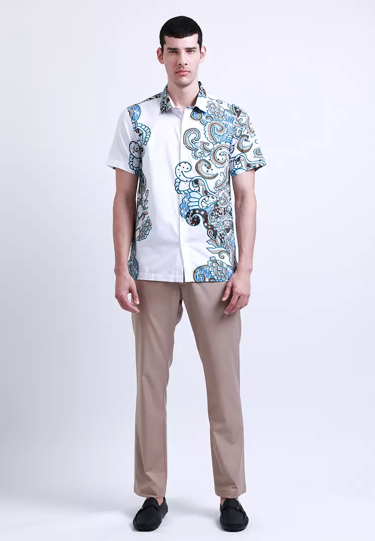 Manzone Kemeja Batik Lengan Pendek Pria Wangsapura - White