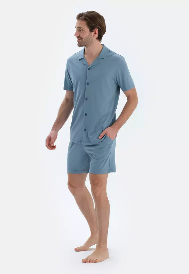 Blue Shirt & Shorts, Shirt Collar, Regular, Short Leg, Short Sleeve Sleepwear for Men
