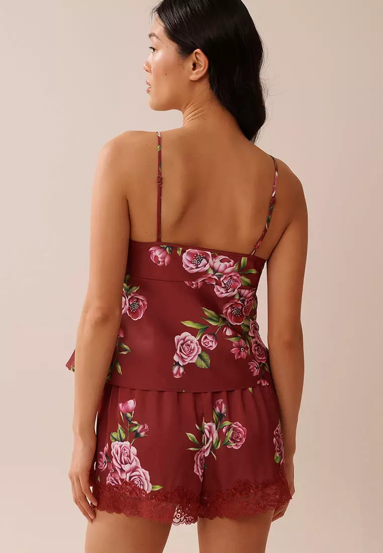 Rose Print Satin and Lace Trim Open Front Cami