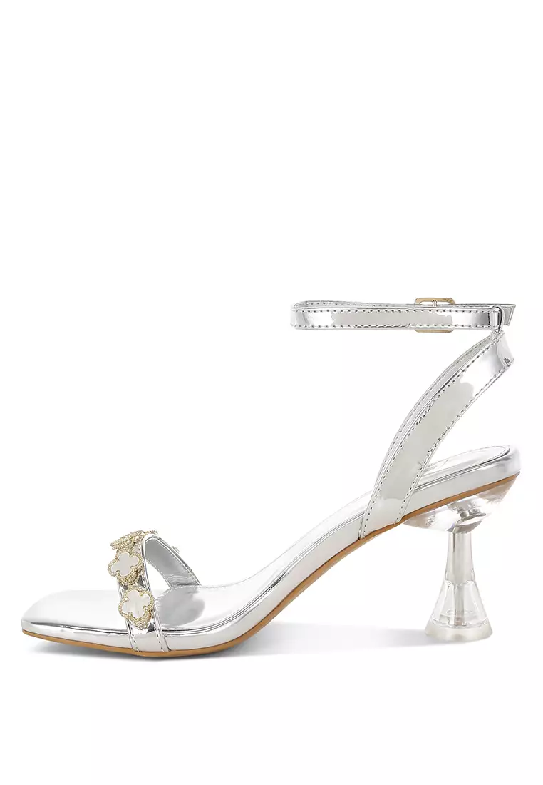 Charm Detail Spool Heels In Silver