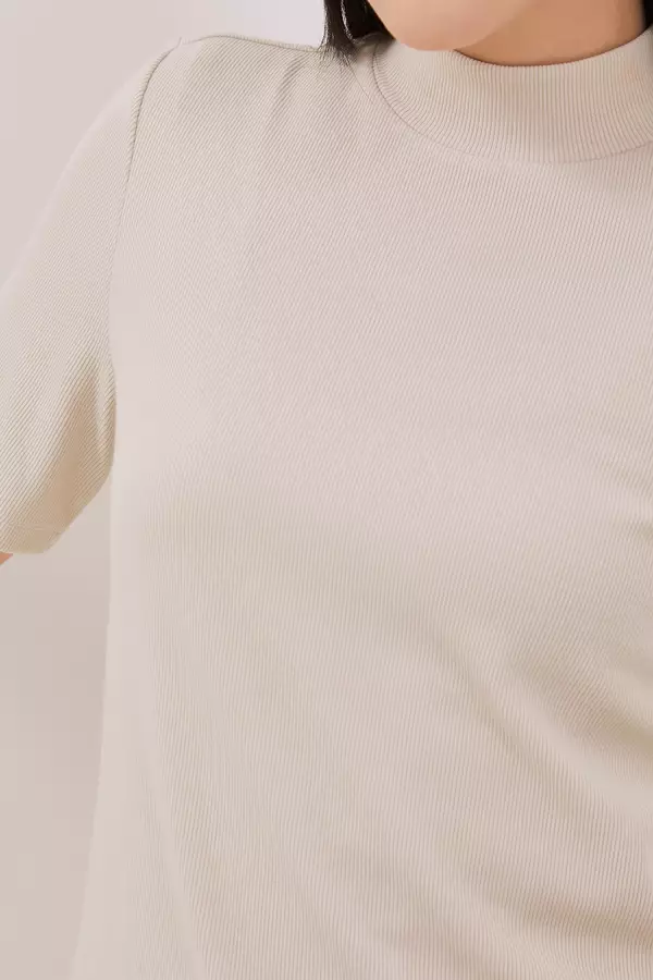MINIMAL - Penny - Atasan Rib Kerah High Neck - Beige Colour Beige