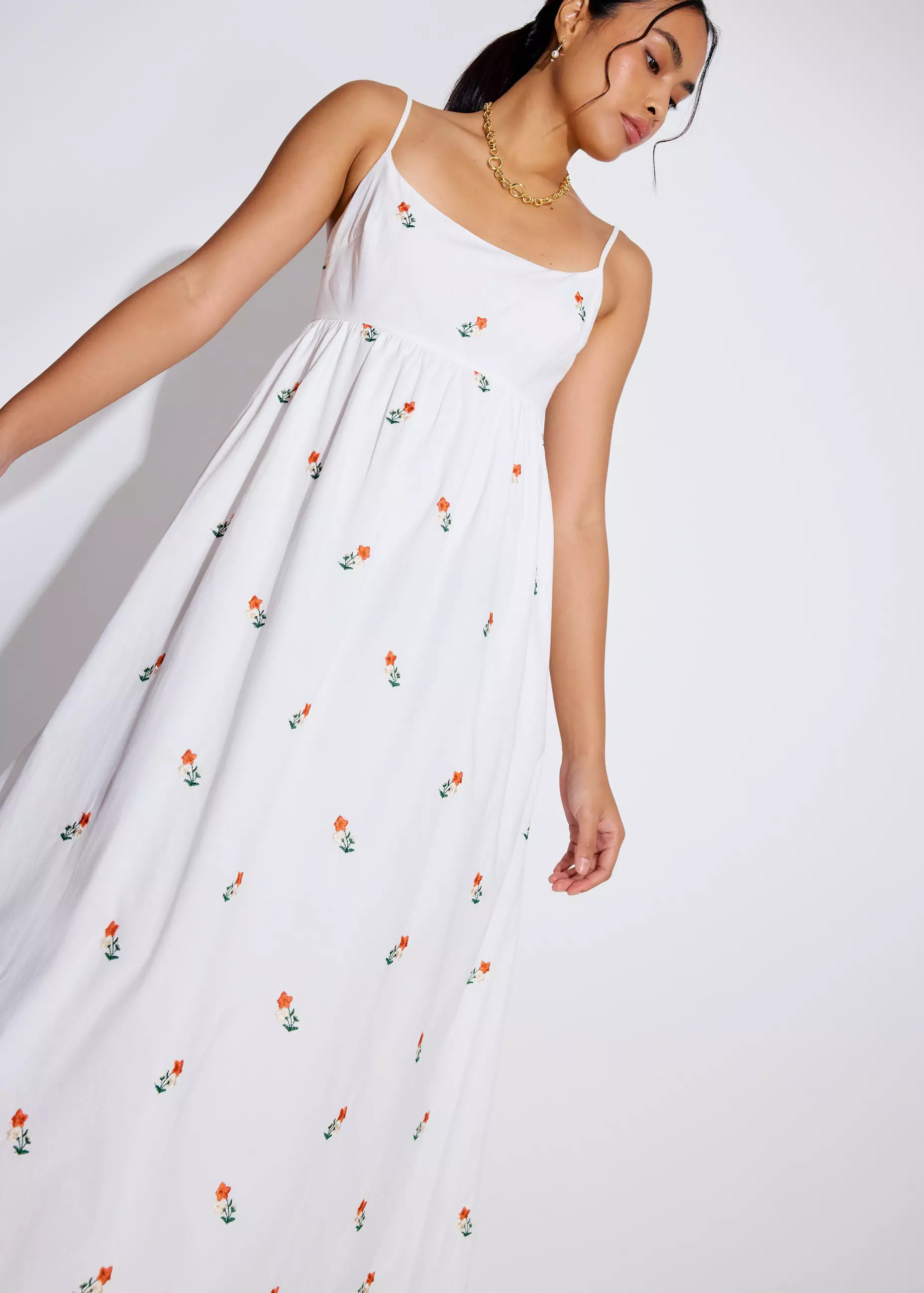 Dress Wanita - Cotton Floral Embroidery Fit & Flare Camisole Maxi Dress