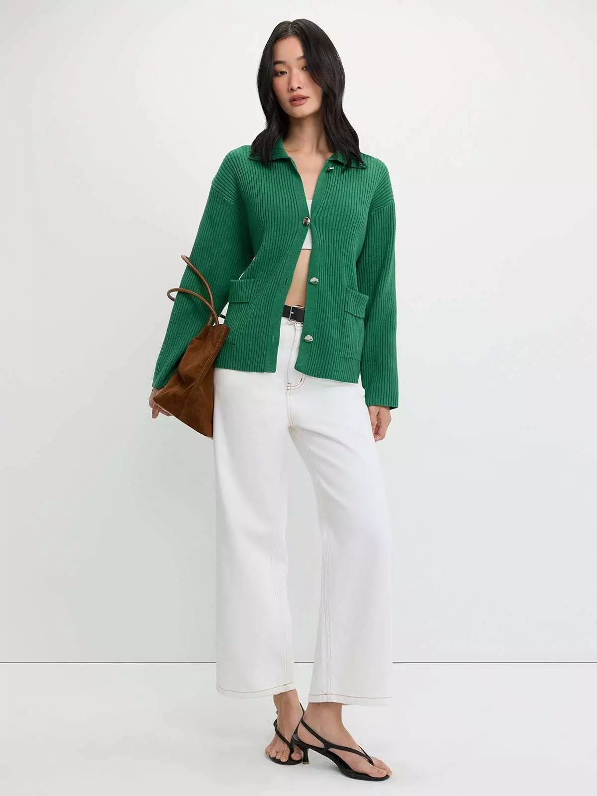 Pomelo - Cardigan Wanita - Ribbed Cardigan - Green