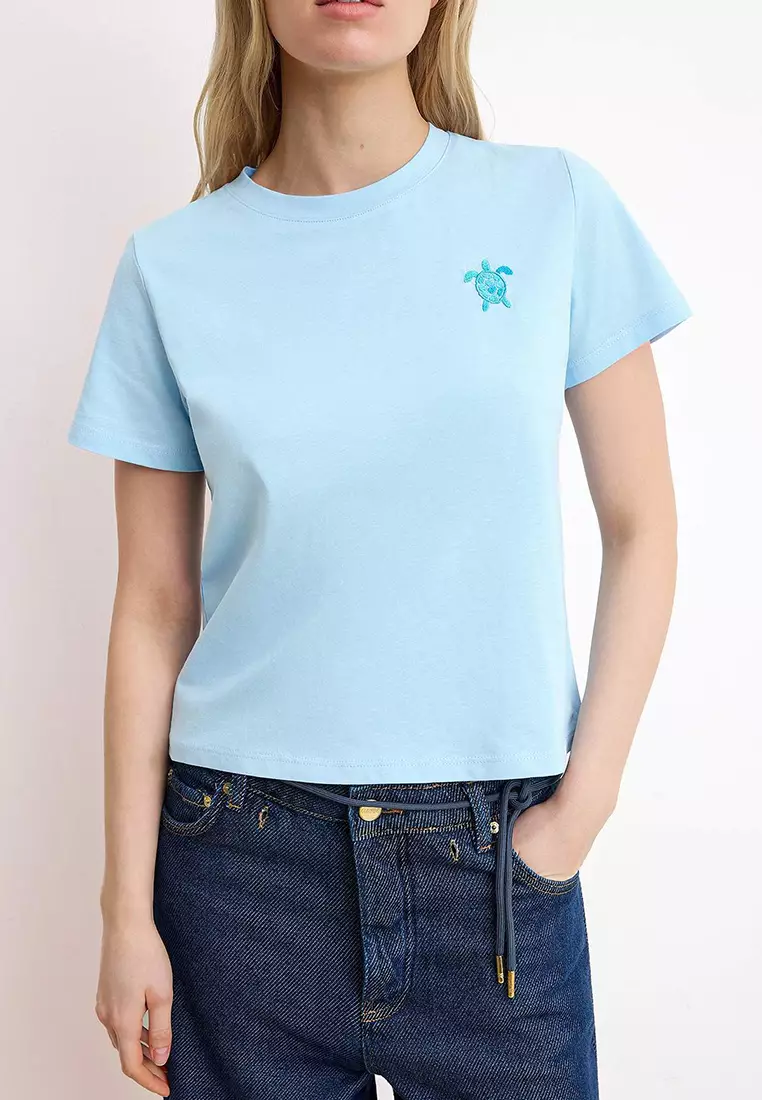 Light/Baby Blue Embroidered Regular Fit Short Sleeve 1% Cotton Knitted T-Shirt Twoss26Ts124