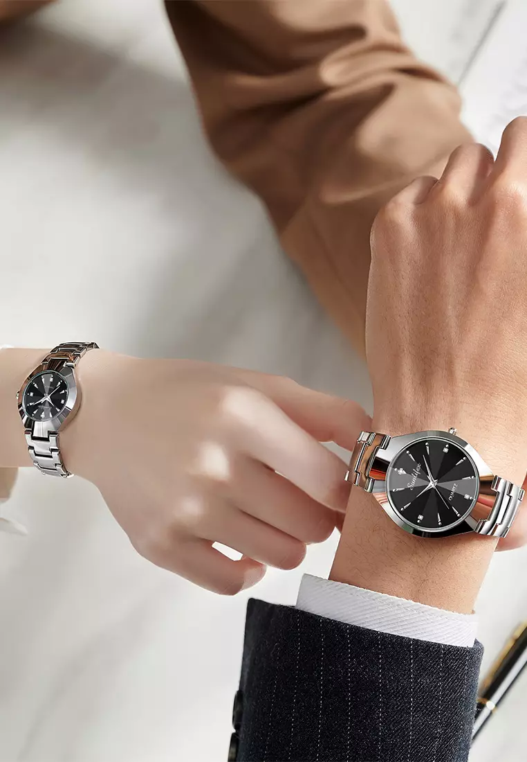 Jam Tangan Couple 9090-M+SL9090-W Stainless Steel Berlian Anti Air Analog Bisnis Kuarsa Jam Tangan Wanita/Pria silver black