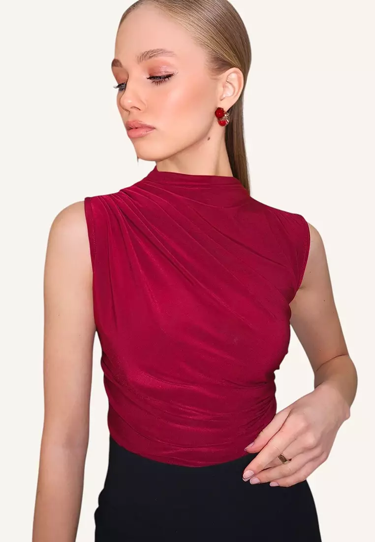 Women's Burgundy Stand Collar Shoulder Draped Sleeveless Sandy Blouse Alc-X10021