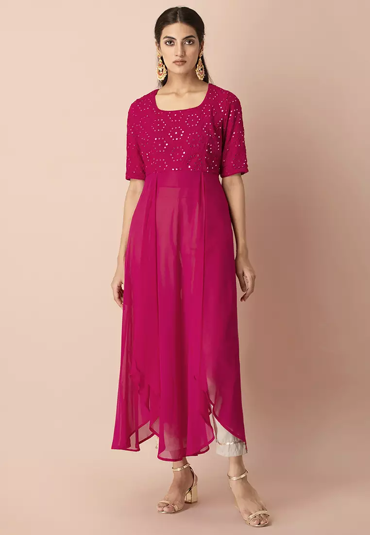 Buy Indya Hot Pink Mirror Work High Slit Kurta Online ZALORA Malaysia
