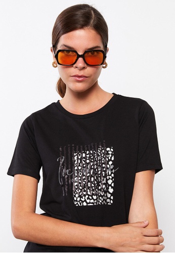 LC WAIKIKI black Crew Neck Printed Short Sleeve Women's T-Shirt F77E7AA6F7A291GS_1