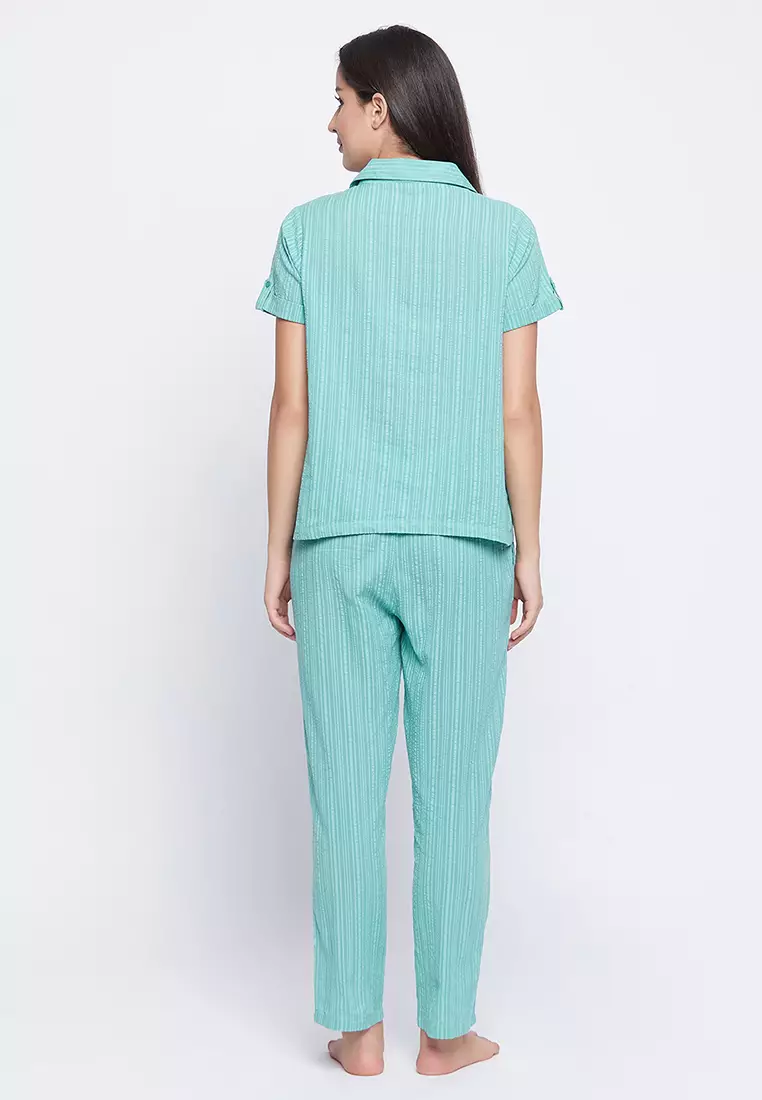 Clovia Sassy Stripes Button Down Shirt & Pyjama in Cyan Blue - Cotton