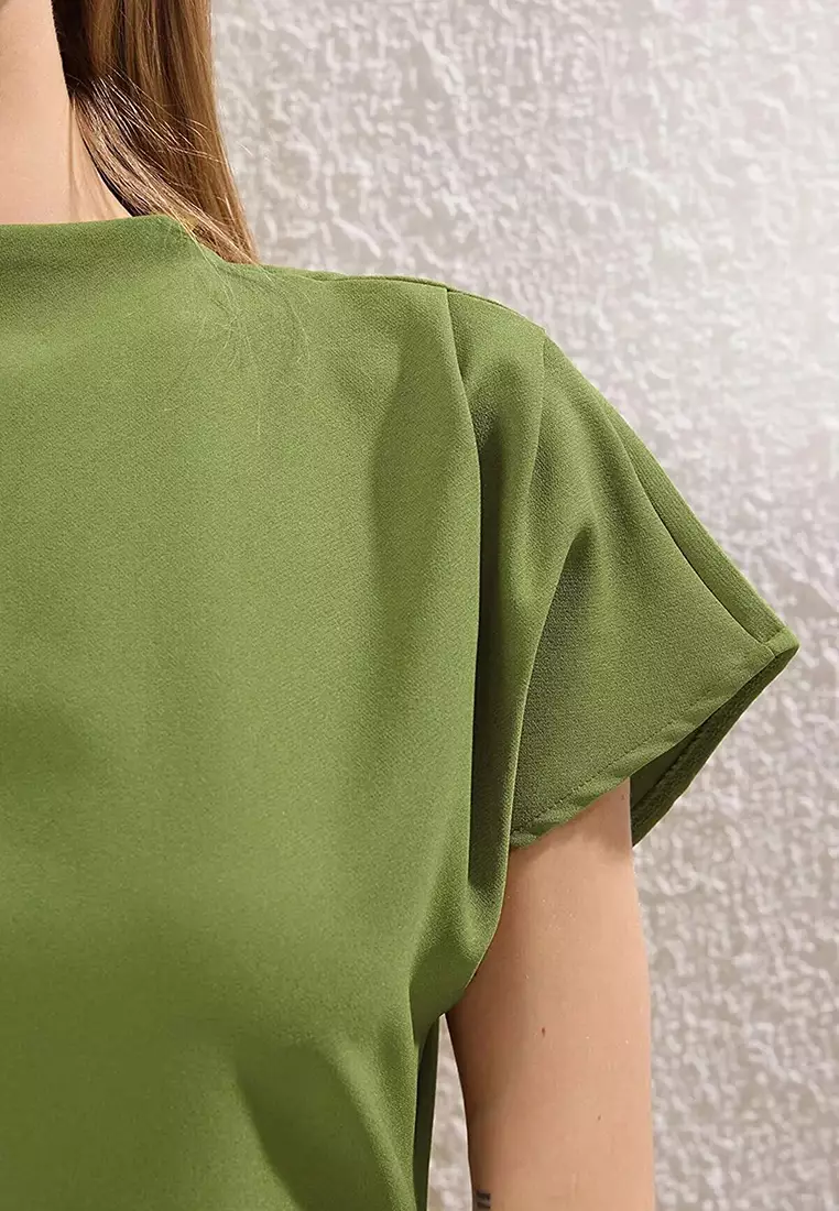 Oil Green A-Line Cowl Neck Midi Crepe Woven Dress TWOAW25EL00393