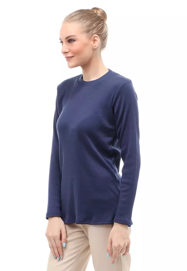 Briley Kaos Atasan Wanita Long Sleeves Motif Salur Relaxed Fit - Navy