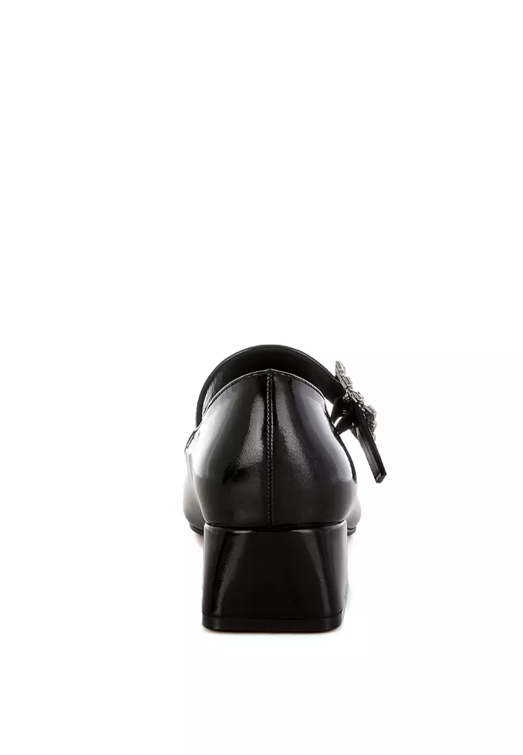 Diamante Brooch Metallic Mary Jane Pumps In Black