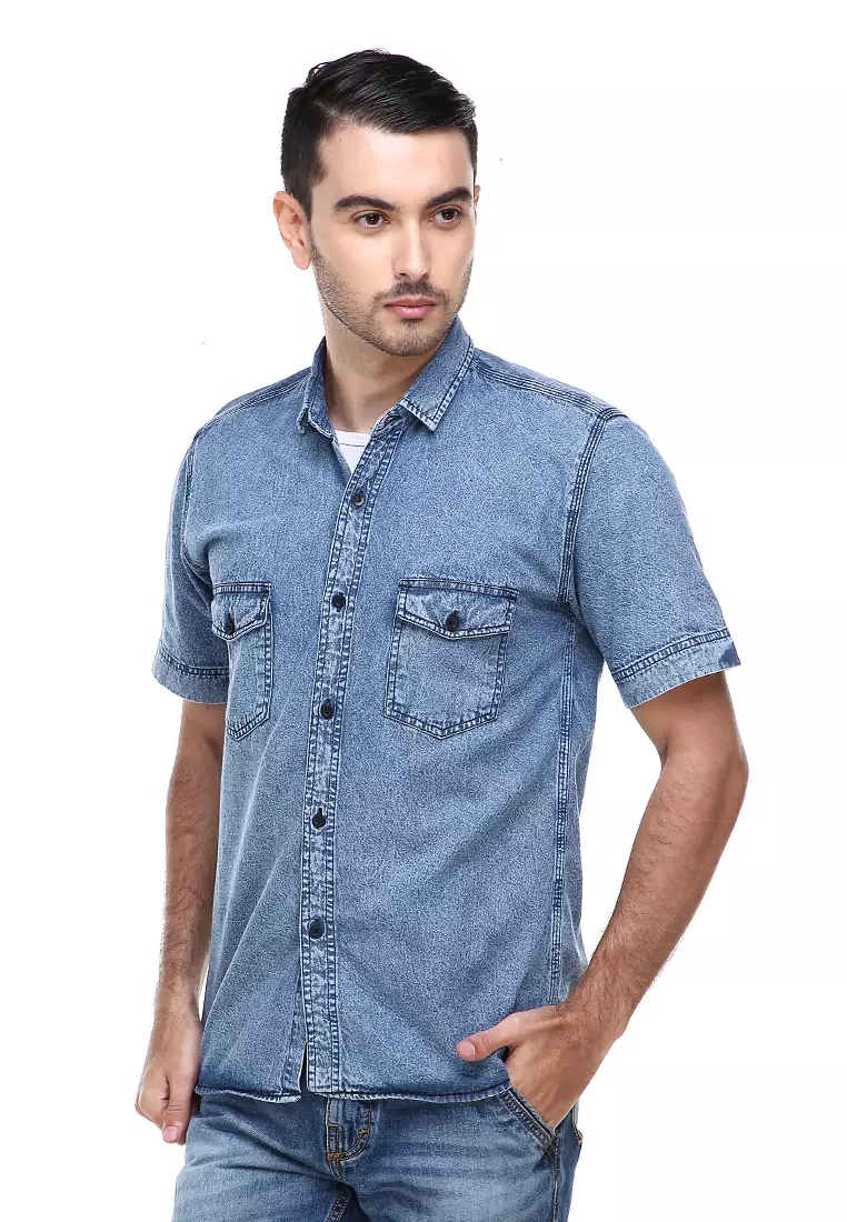 Dwan Casual Shirt Baju Kemeja Jeans Pria Lengan Pendek Material Denim ORIGINAL - Light Tash