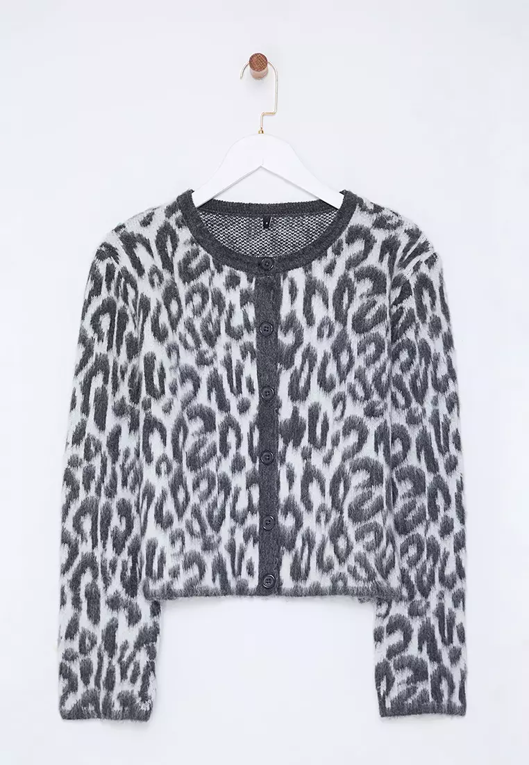 Anthracite Leopard Patterned Knitwear Cardigan Twoaw25Hi00378