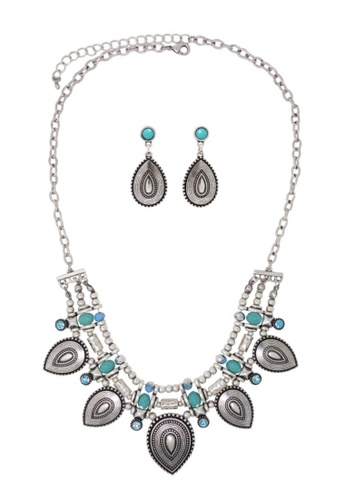 Jaysa Collection black and blue and silver Modern Tribal Waterdrop Silver Jewellery Set With Marine Blue Crystals JA875AC82ULHSG_1