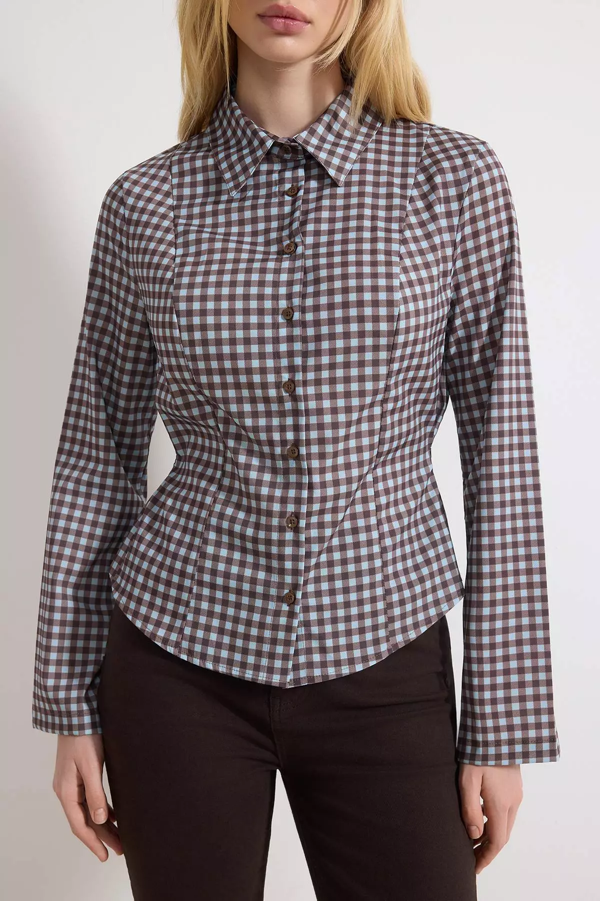 Blue-Multicolor Checkered Waist Adjustable Lightweight Waist-Fitting Wide Sleeves Shirt Twoaw26Go13