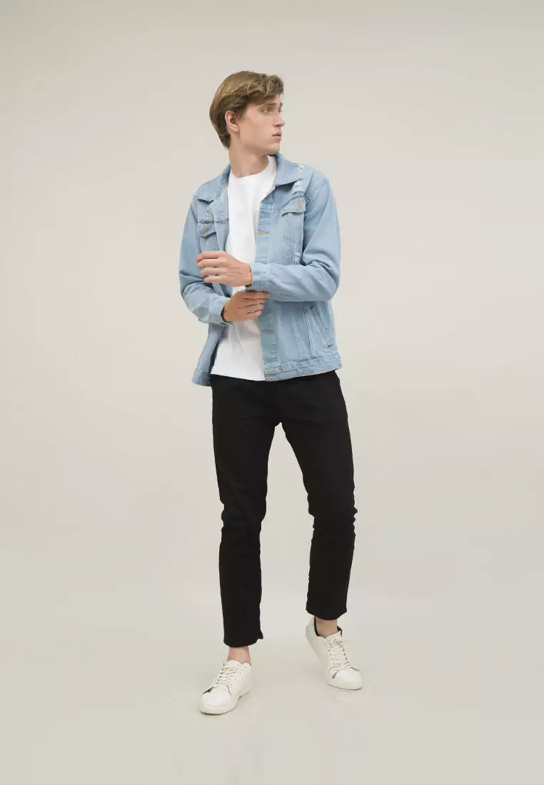 Houseofcuff Jaket Jeans Pria Polos Tebal Dilan Denim Biru Pudar Ripped