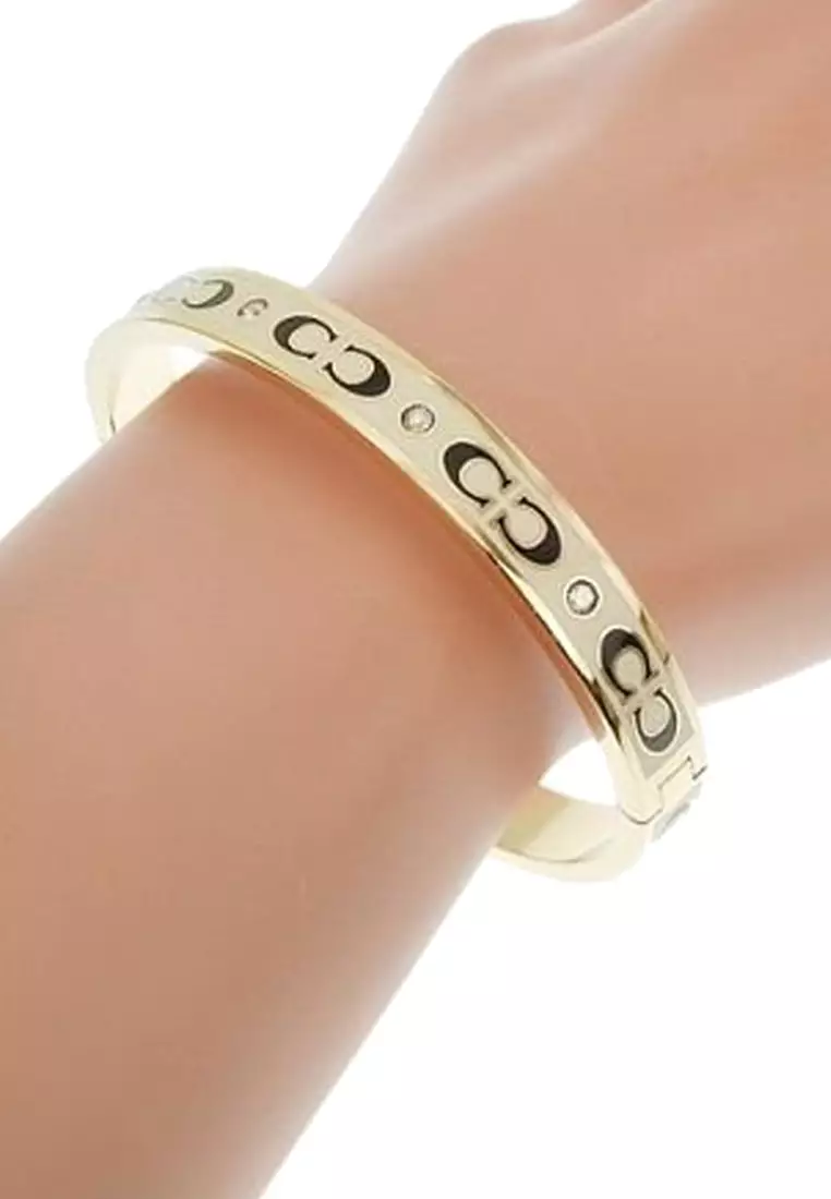 Signature Enamel Hinged Bangle Bracelet in Gold/ White CI904