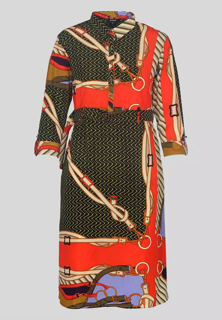 Le Reve 白色3/4袖巴洛克腰带连衣裙