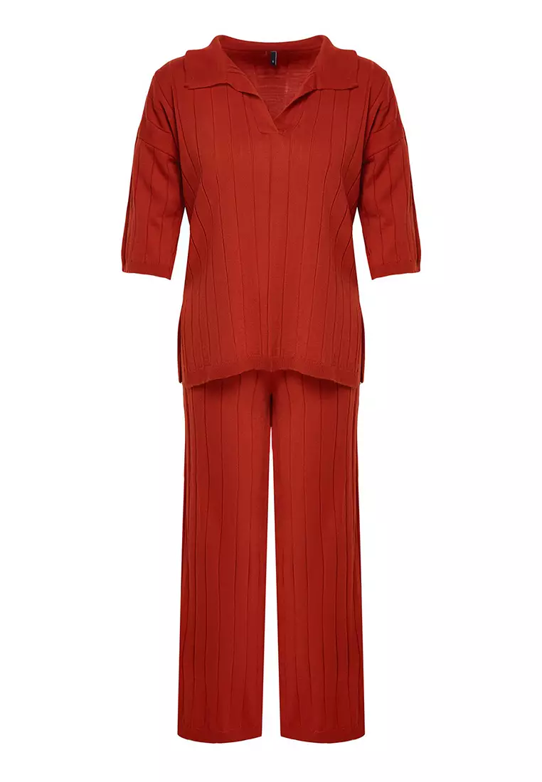 Tile Wide Pattern Basic Ribbed Knitwear Bottom-Top Set Twoss23Au00029