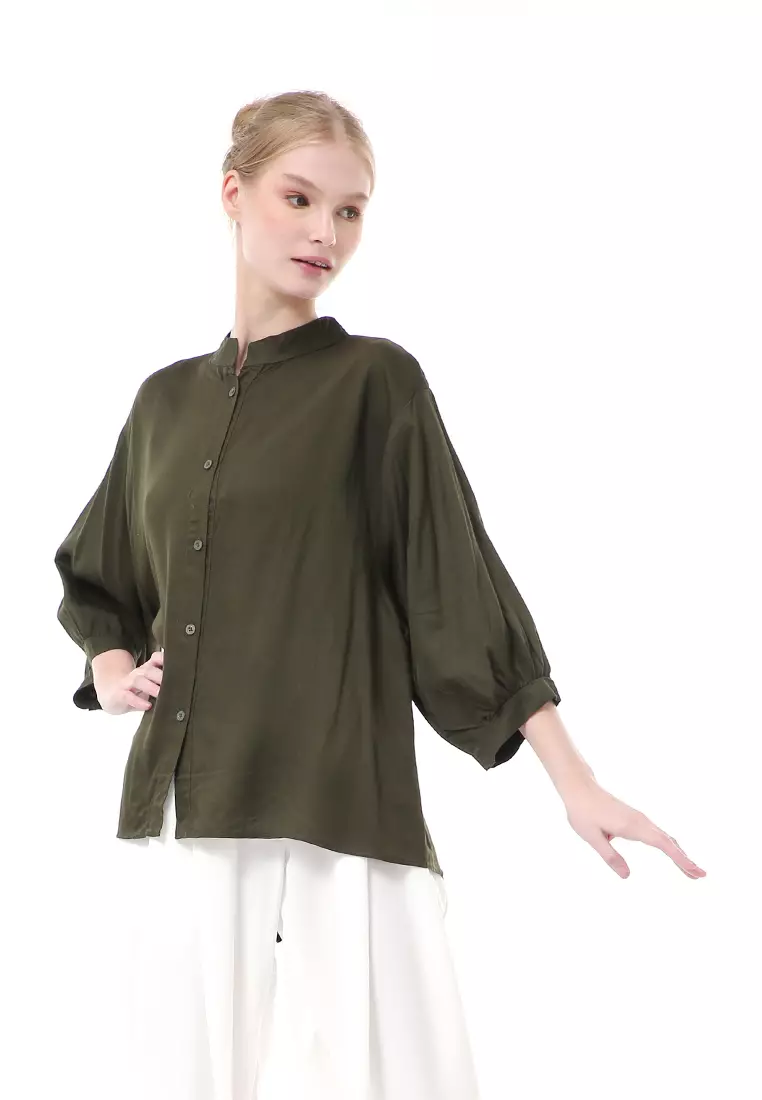 Ghita Kemeja Atasan Wanita Motif Polos Long Sleeve High Quality - Army