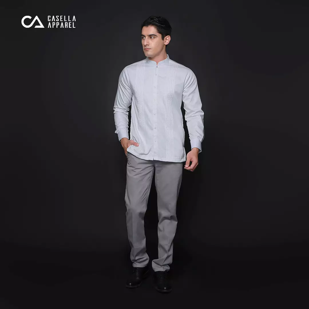 Casella Baju Koko Pria Lengan Panjang Pleats Design | Baju Koko Putih Lengan Panjang 9971 White