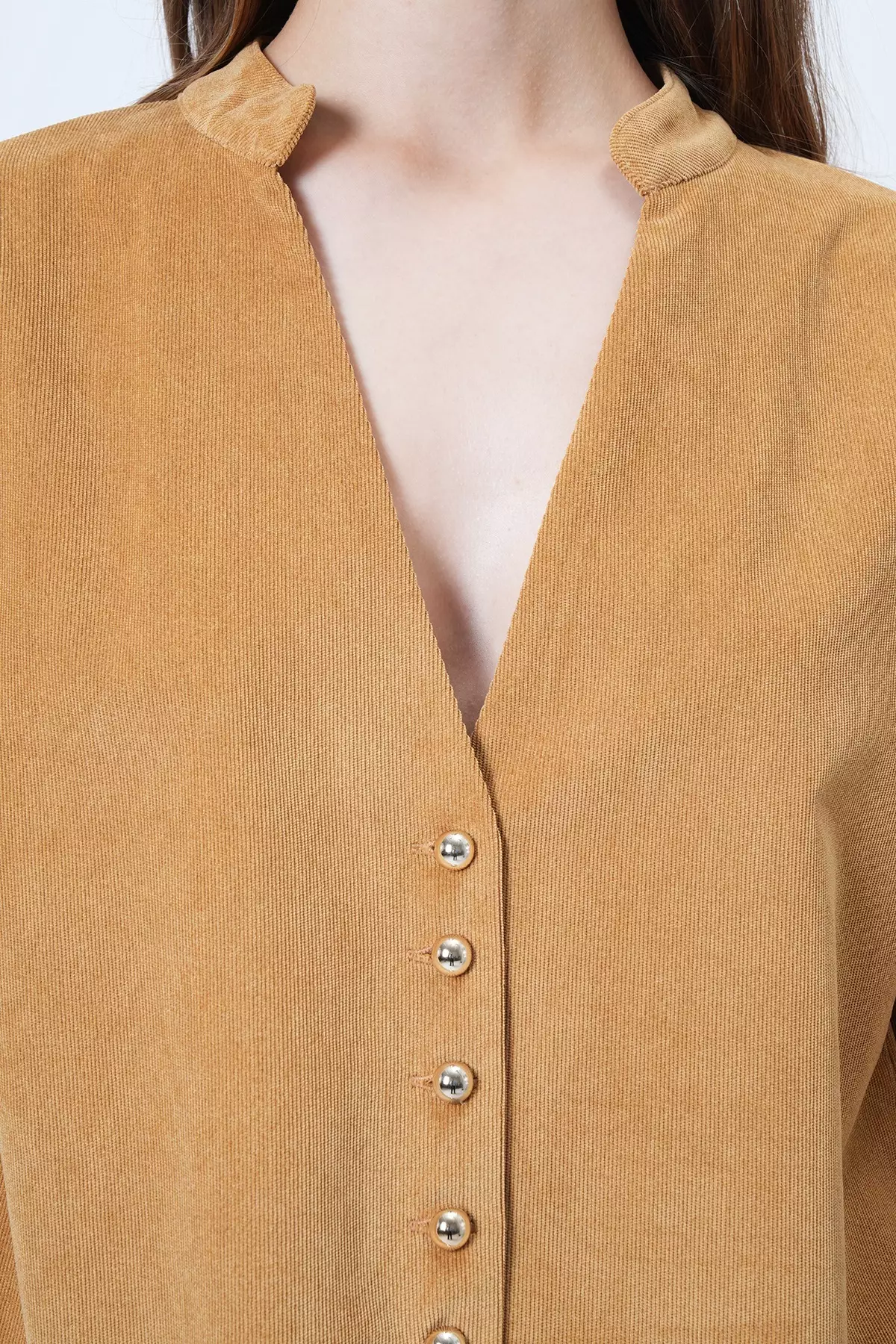 Camel Hakim Collar Gold Button Detailed Velvet Jacket And Palazzo Trousers Two-Piece Set Alc-X14633