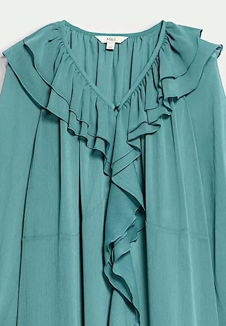 V-Neck Frill Detail Maxi Column Dress