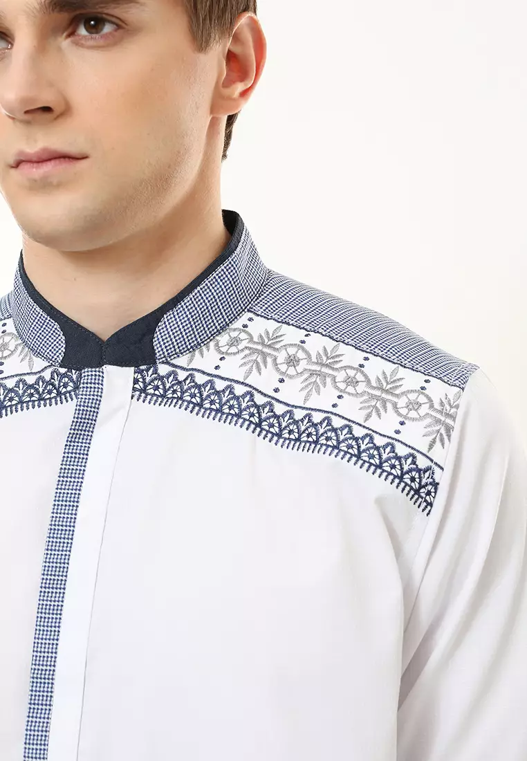 Regular Fit - Baju Koko - Motif Polkadot - Bordir - Putih HItam