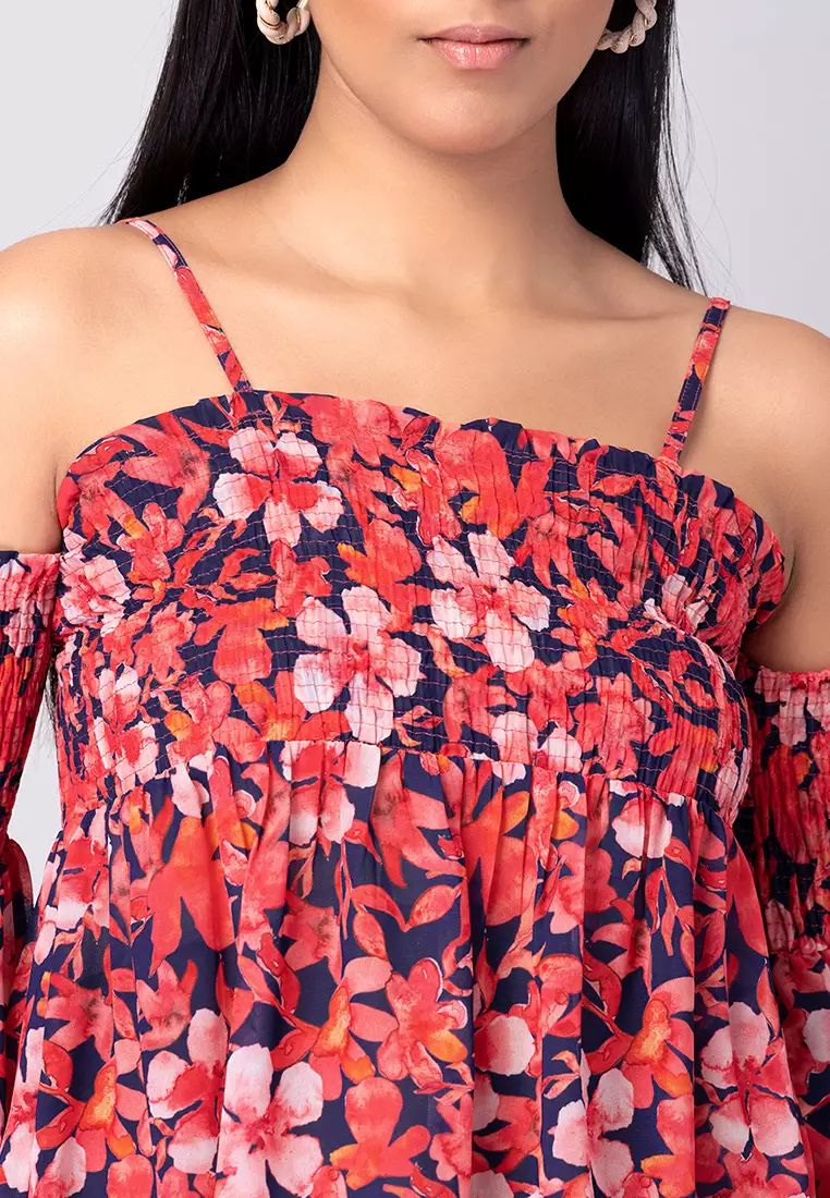 Red Floral Print Smocked Cold Shoulder Top