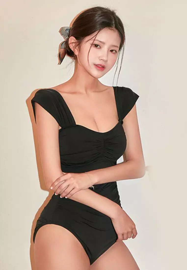 Pure Color Girl Conservative One-Piece Swimsuit A21071413BK