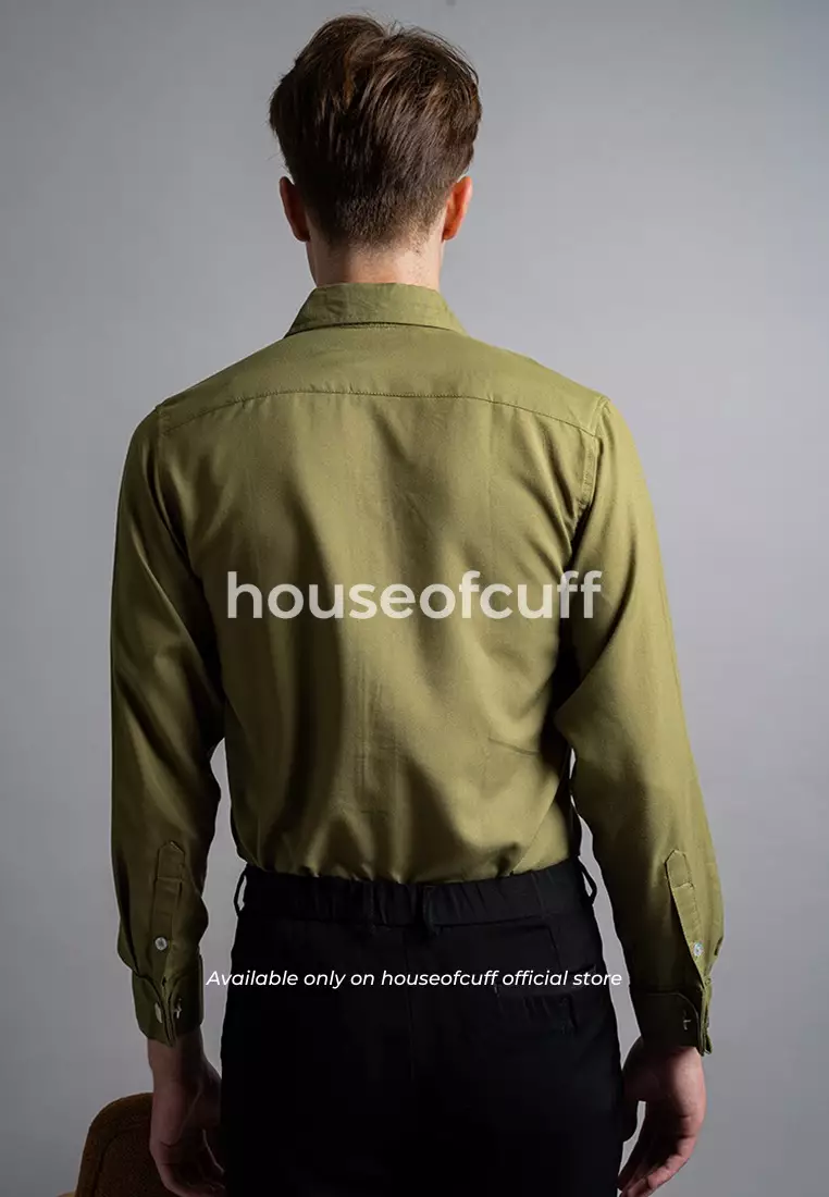 Houseofcuff Kemeja Kerja Formal Pria Model French Cuff / Double Cuff Dengan Cufflinks Warna Hijau Olive (Incl.Collar Stay + Cufflinks )