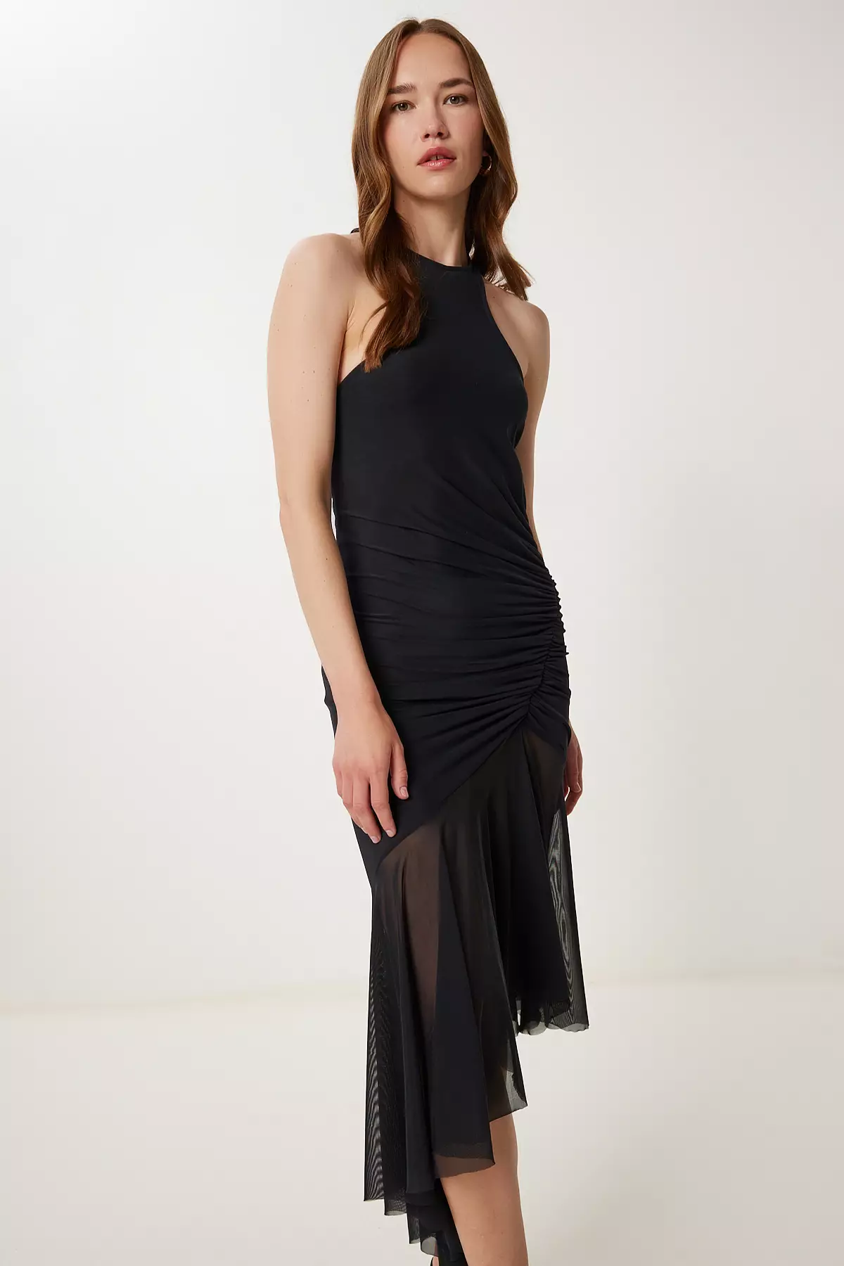 Women's Black Asymmetrical Gathered Tulle Dress Vw00002