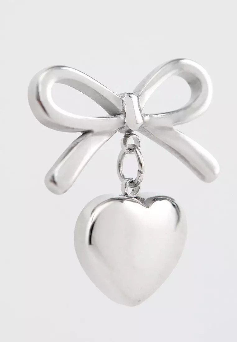 Bow Stud and Heart Pendant Earrings - Silver