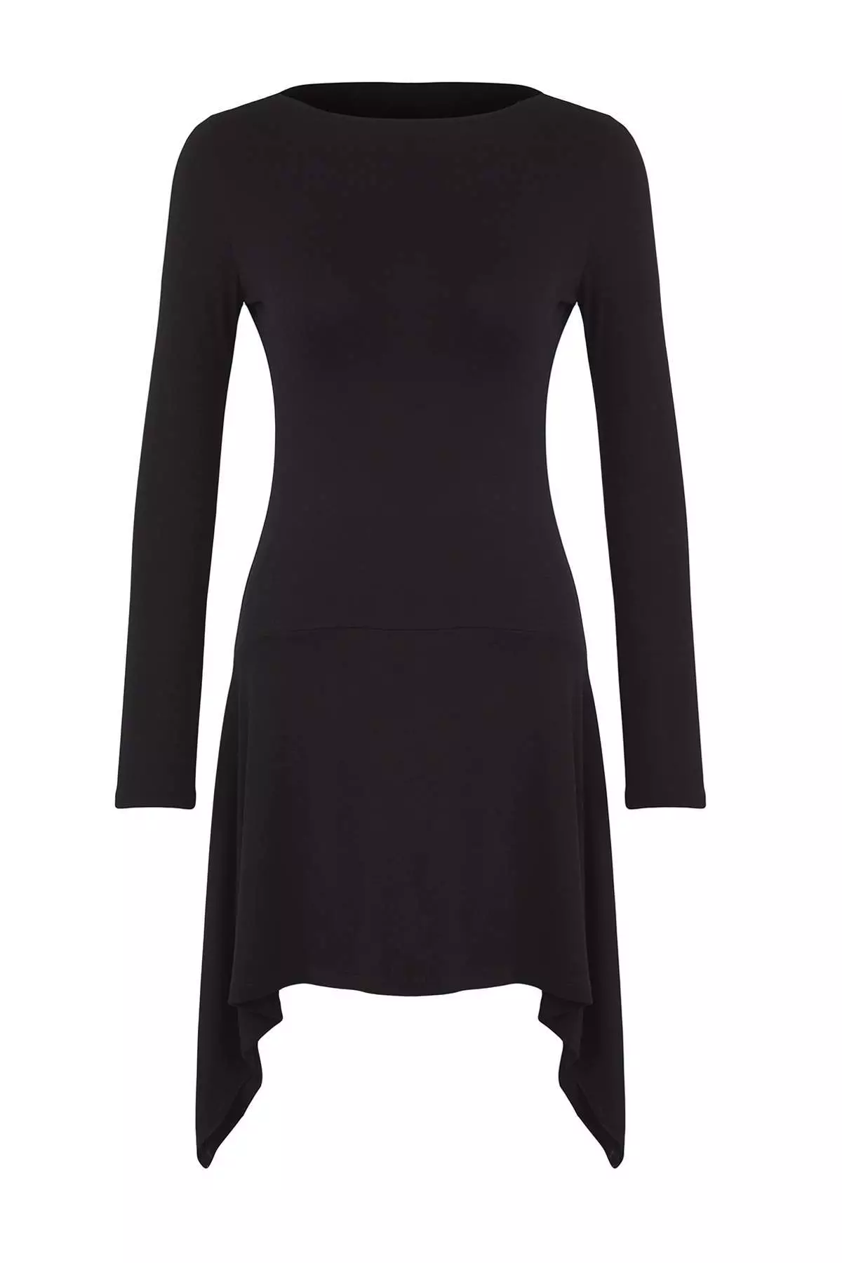 Black Viscose Asymmetric Ruffle Flexible Plain Short / Mini Knitted Dress Twoaw26El00064