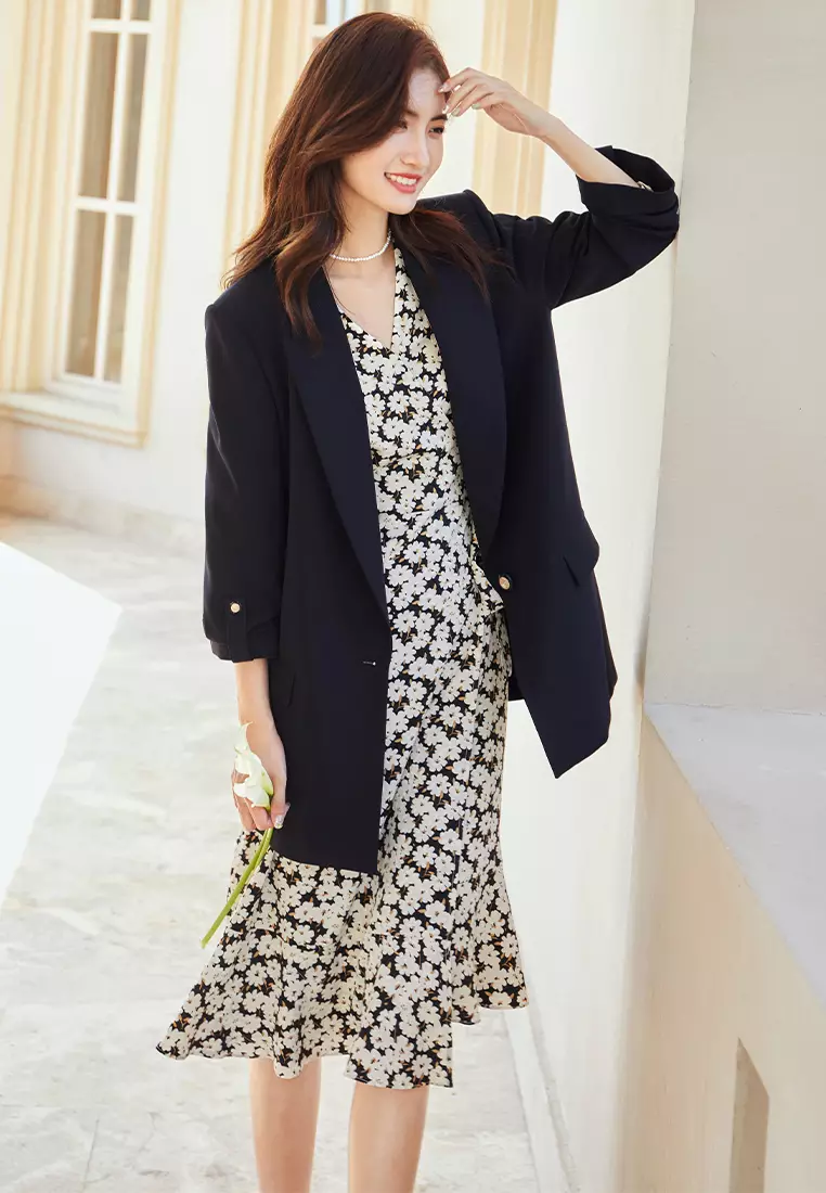 Single Breasted Fold Up Clip Sleeve Casual Blazer