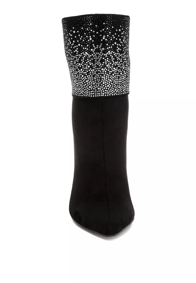 Rhinestones Embellished Foldover Boots in Black