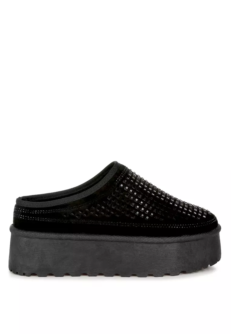 Black Rhinestones Embellished Platform Classic Slip-On