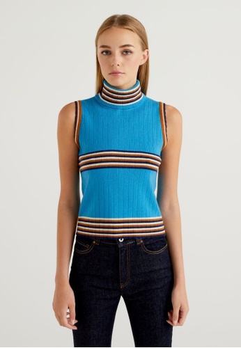 United Colors of Benetton blue Sleeveless turtleneck with stripes 97654AAA3FD018GS_1