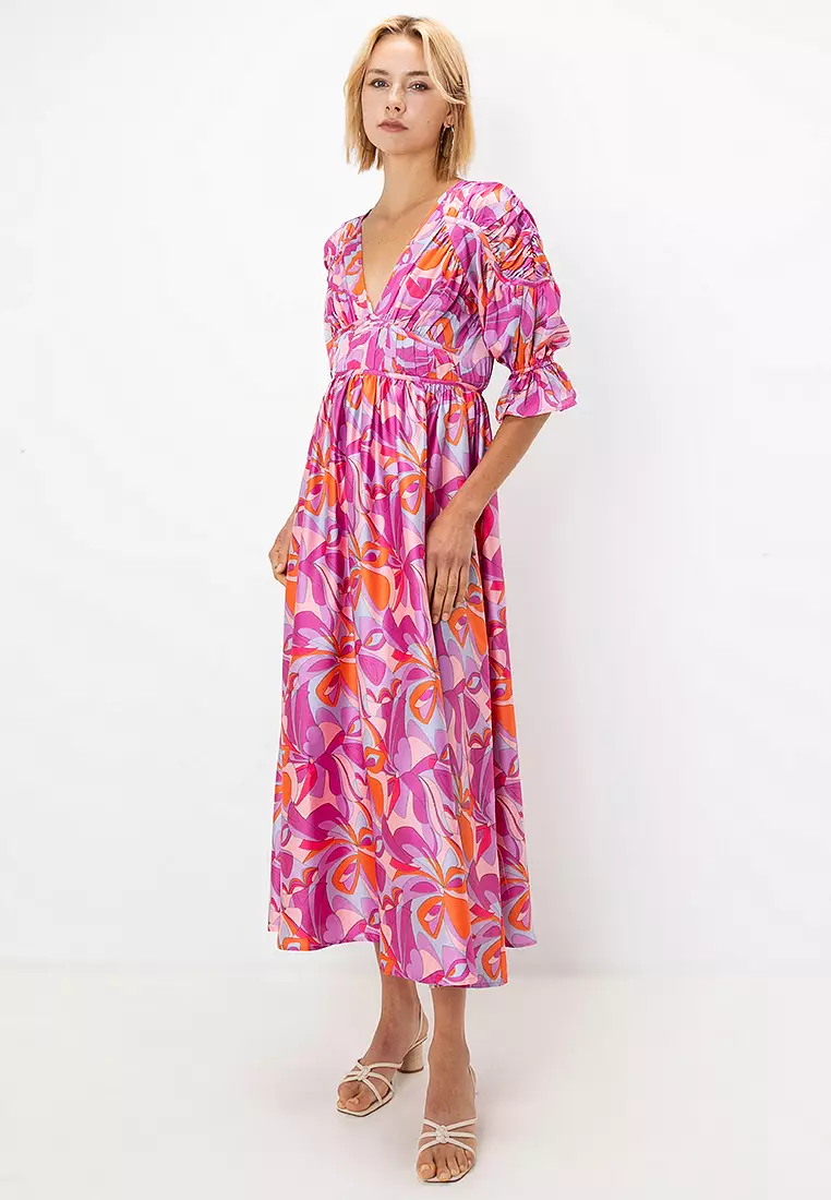 Satin Gathered Detail Plunge Neck Midi Dress