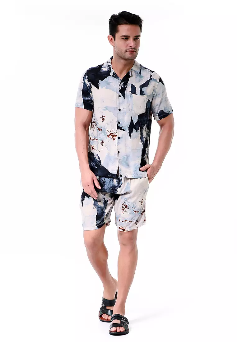 Deon Piyama Pria Abstrack Motive Kemeja One Set Lengan Pendek Material Rayon ORIGINAL - Blue