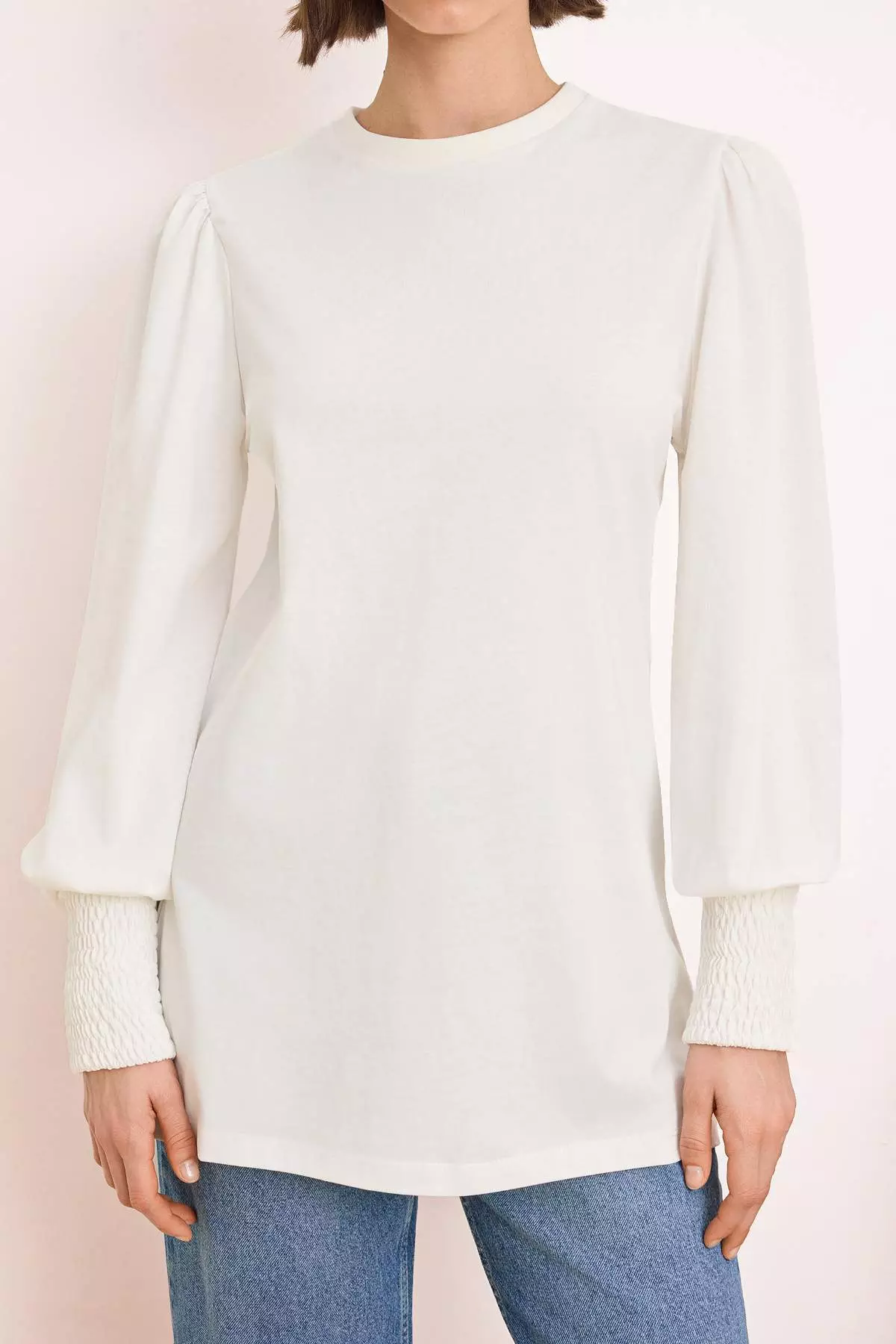 Ecru Regular Single Jersey Plain Knitted Sleeve Tip Gipe Detail Tctss26Uk00008